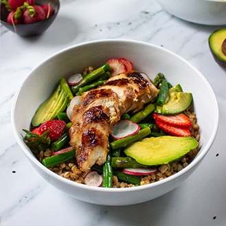 Grilled Chicken and Spring Vegetable Farro Salad with  Roasted Garlic Dressing
